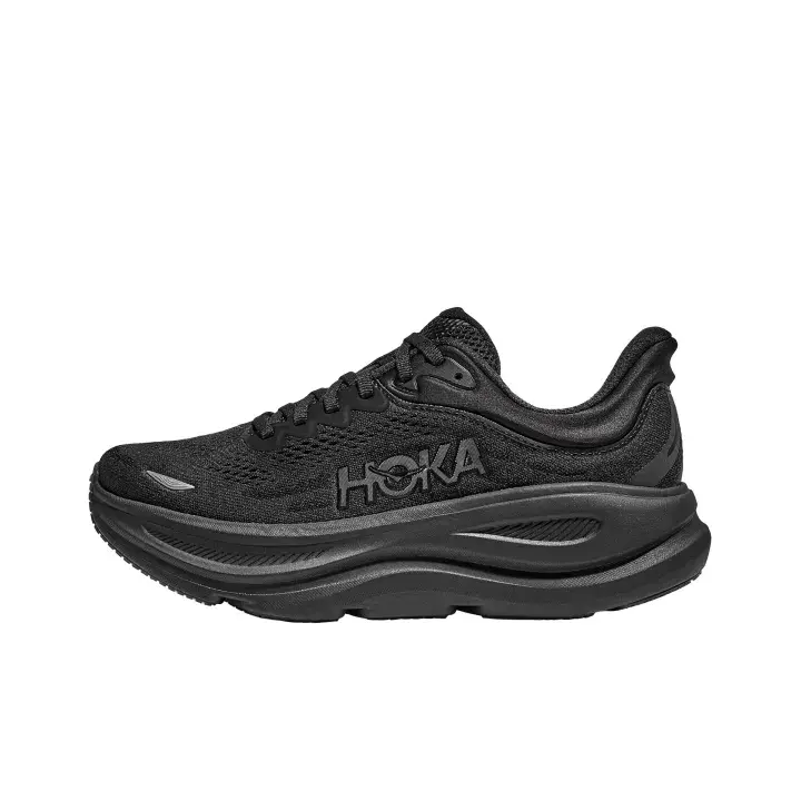 Long-distance jog lightweight all-day athletic walking footwear, black perforated knit mesh low top trainers curved thick foam base anti-slip rubber outsole for gym workouts urban errands casual road running