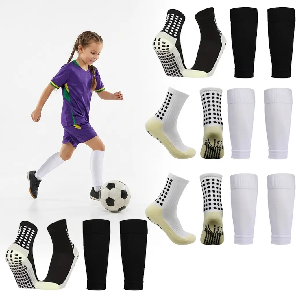 Cut-Style Football Grip Socks & Shin Guard Leg Sleeves Combo Non Slip Bottom Soccer Training Socks For Men Women Kids Athlete