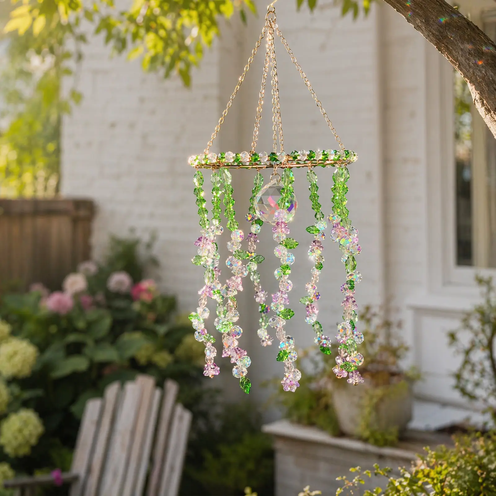 Crystal Sun Catcher, Handmade Floral Beaded Suncatcher, Rainbow Maker Indoor Outdoor Decor for Window Bedroom, Bless Gift