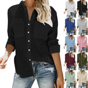 Goranbon Womens Button Down V Neck Shirts Long Sleeve Blouse Roll Up Cuffed Sleeve Casual Work Plain Tops with Pockets