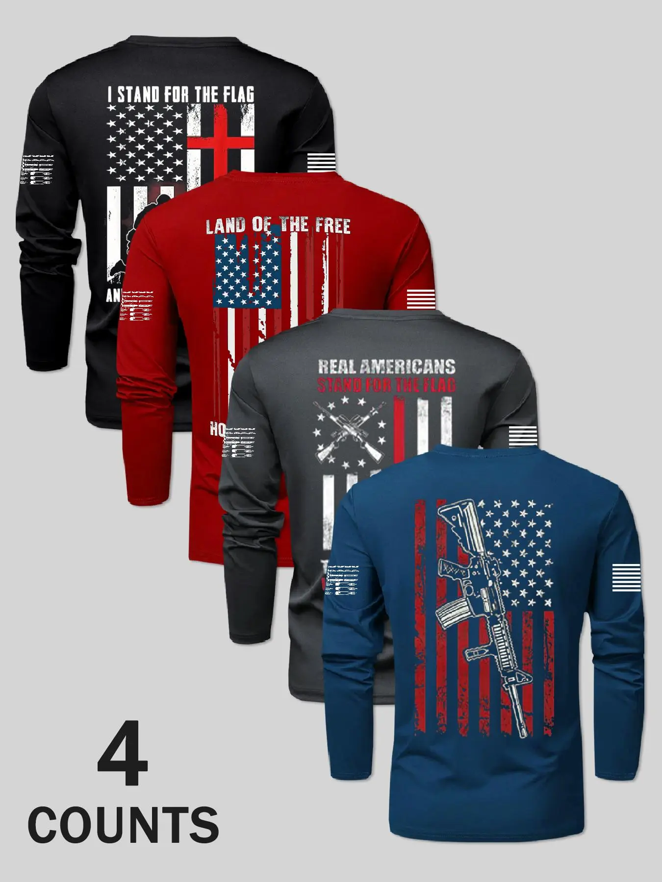 Men's American Patriotic Round Neck Long Sleeve T-Shirt, American Tee, Flag Series Print Design, Casual Graphic Design, Multi-Color Options, Casual Fitted Style, All Seasons