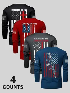 Men's American Patriotic Round Neck Long Sleeve T-Shirt, American Tee, Flag Series Print Design, Casual Graphic Design, Multi-Color Options, Casual Fitted Style, All Seasons