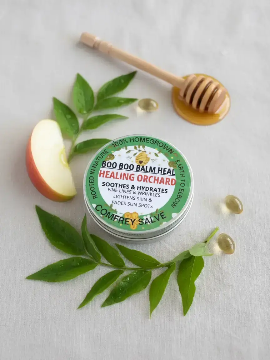 BOO BOO BALM HEALING ORCHARD 100%  Homegrown Comfrey Salve with Macintosh Apple Essential Oil - Mild, Smooth Skin Repair - Healthcare, Therapeutic Product, Body Moisturizer, Gentle Soothing Organic Calming Lotion Moistu