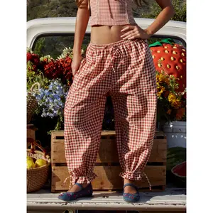 Cider Cotton-blend Gingham Adjustable Drawstring Hem Balloon Pants SwimWeek