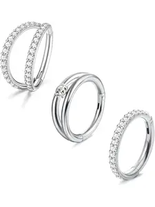 3Pcs 316L Surgical Steel Septum Clicker Nose Rings Double Open Stack Conch Daith Piercing Sleeper Earring Helix Rook Conch Cartilage Tragus Earrings Labe Nose Piercing Jewelry Rhinestone Nose Ring