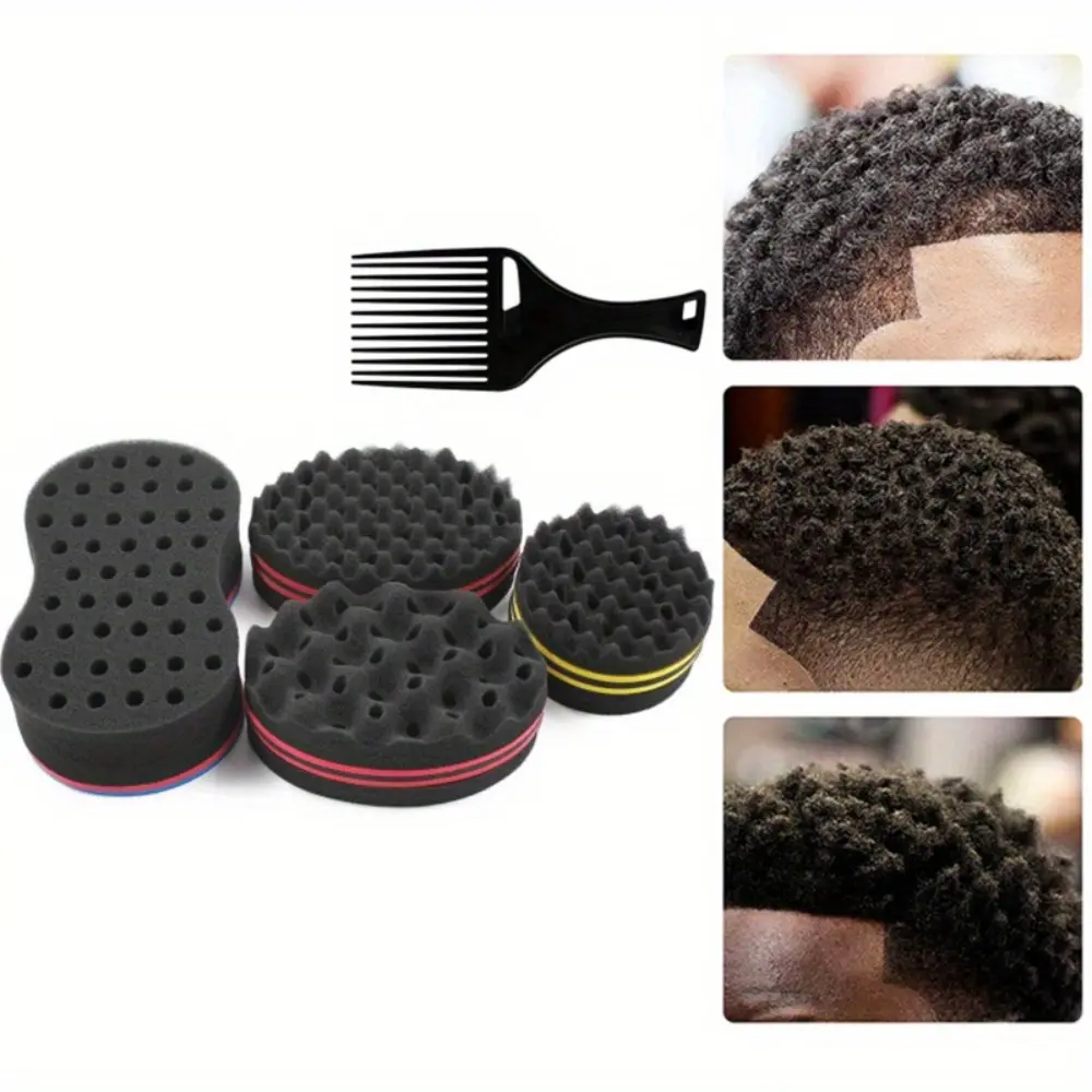 Unisex 4-Pcs Big Holes Magic Sponge Hair Brush Set - 7.4*4.4*2.2 inch Double-Sided Specialty Hand Tool, Can Smear on the Sponge, Molding in 3 to 15 Minutes, for Wet Coily Afro Kinky Locks, Home & Travel Use, Brush For Curly Hair, Curl Styling Sponge