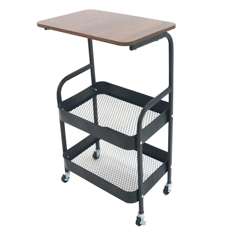2-Tier Rolling Storage Cart with Wooden Tabletop, Metal Mesh Utility Organizer on Wheels for Kitchen, Bathroom, Dorm & Small Spaces