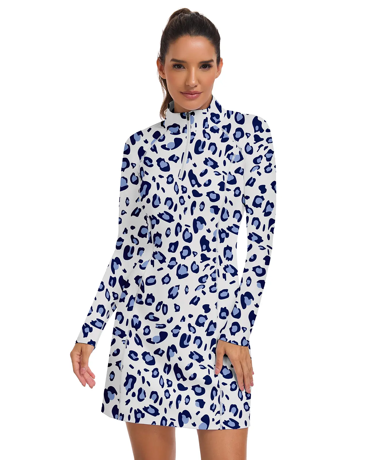 Women’s 1/4 Zip Long-Sleeve Sports Dress - Polyester Blend, Fitted Cut, Built-In Shorts, Pockets, UPF50+ for Fashion, Casual Use