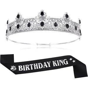 King Crown and Birthday Sash for Men Prince Tiara Royal Medieval Headband for Cosplay Prom Halloween party