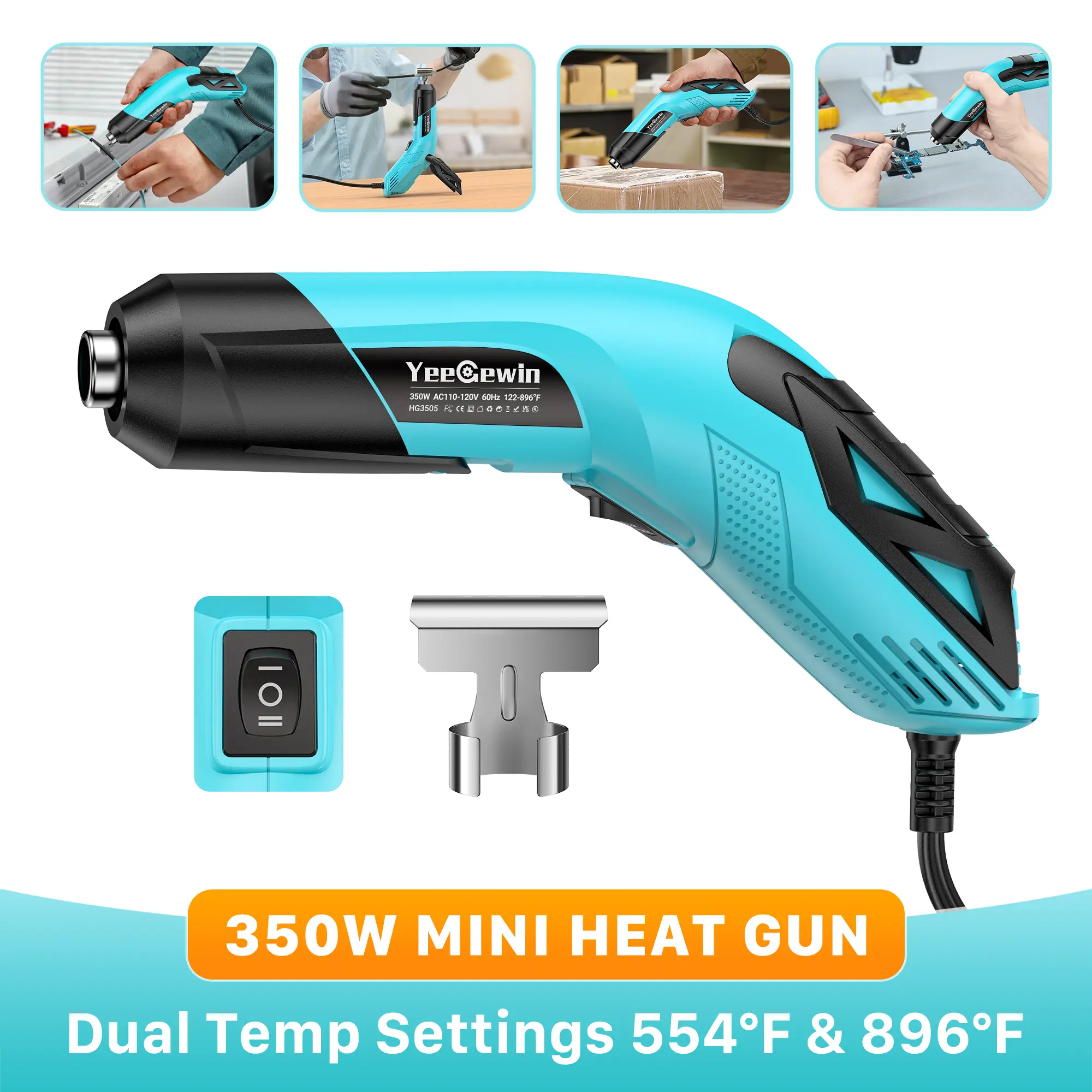 350W Portable Lightweight Heat Gun Power Tool (200W & Above) - 259g, Dual Temp Settings (290℃-480℃/554°F-896°F Strong Heat), Overheat Protection & Safe, Reflector Nozzle, 4.9ft Cable, Ergonomic Flexible Operation, Precise Control for 3D Printing, Crafts