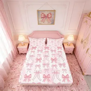 Pink Bows Fitted Sheet,Cute Bowknot Bedding Set for Kids Girls Princess Room Decor,Kawaii Bow Tie Bed Cover,Soft Polyester Deep Pocket Bedding,No Flat