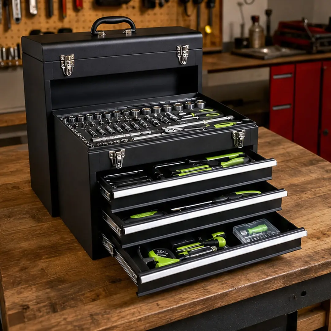 465-Piece Mechanics Tool Set with 3-Drawer Heavy Duty Metal Box, Chrome Vanadium Steel Sockets and Wrenches, Screwdrivers, Pliers, Bits, Allen Keys, Tape Measure, Utility Knife, Hammer, Wire Stripper for Home Workshop Auto Repair DIY