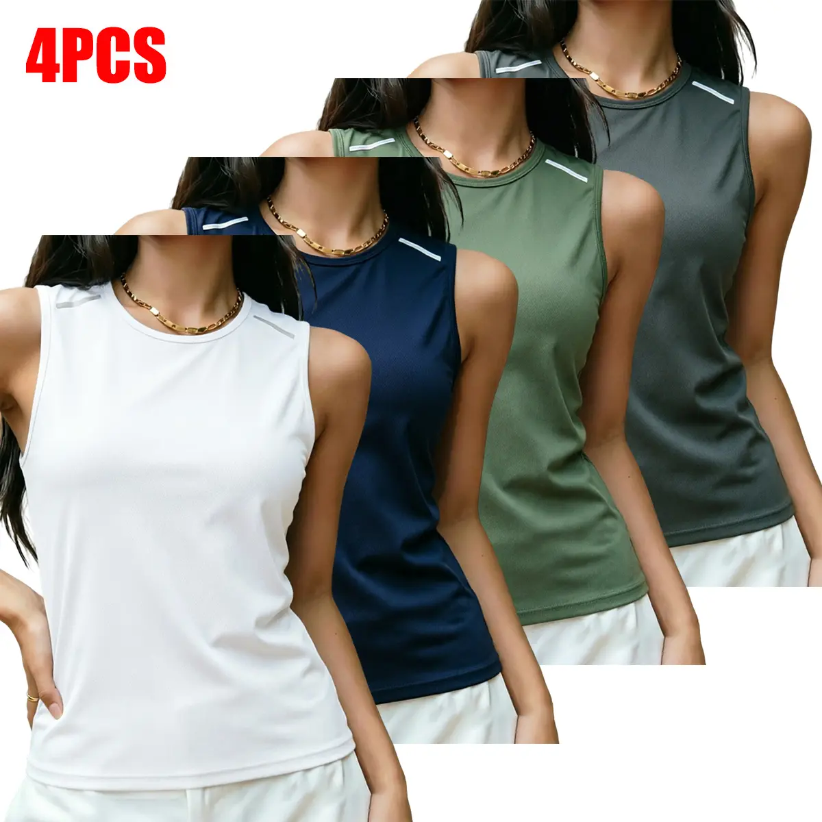 4-Pack Women's Tank Tops, Solid Color Sleeveless Polyester with a Stretchy Weave and Reflective Straps for Morning Runs