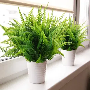 12 Bundles Artificial Decorative Ferns Outdoor Decor, 40 Cm Long Summer Decoration, UV Resistant Non-Fading Plastic Boston Fern Floral Garden Yard Porch Window