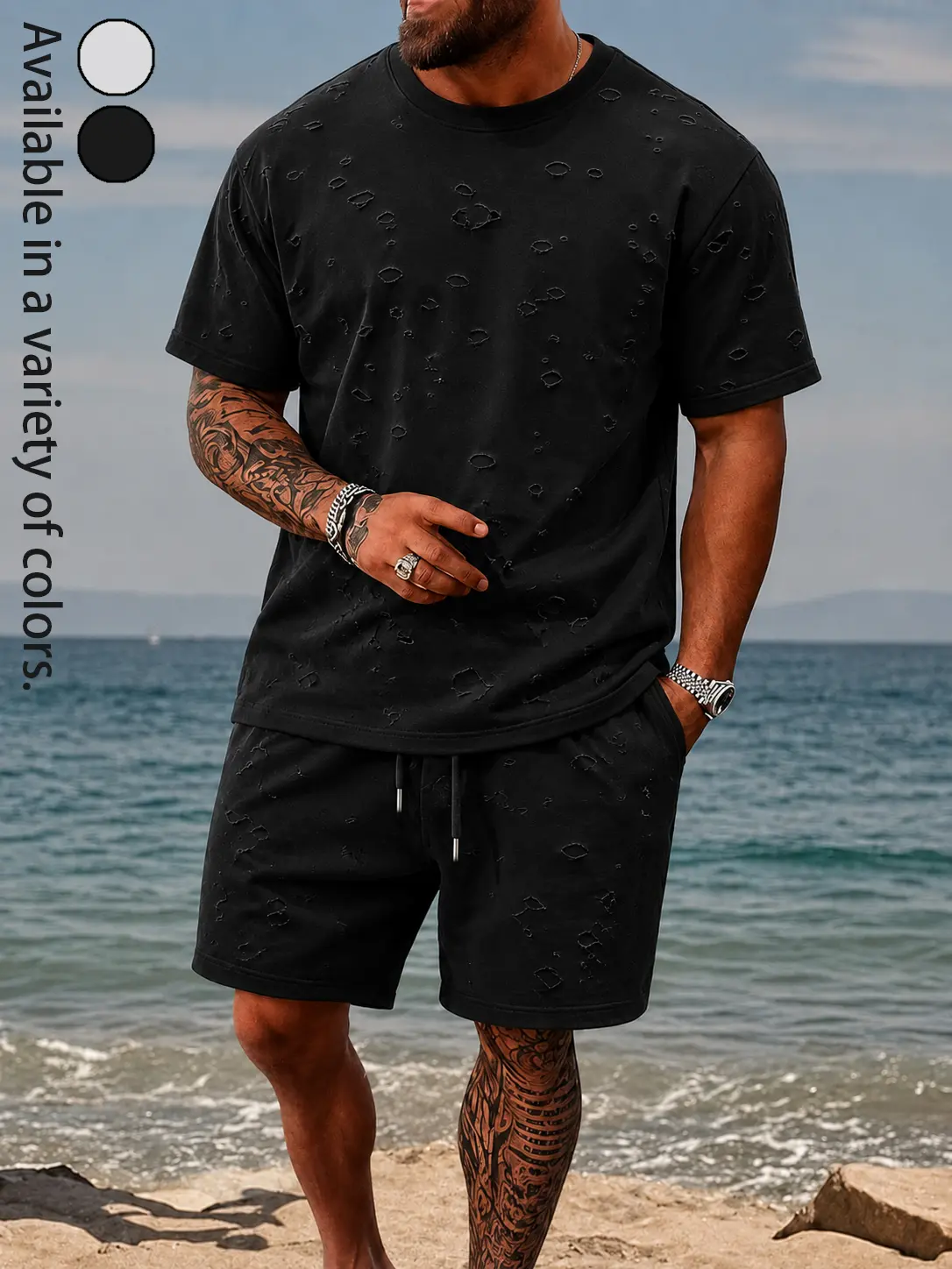 mens distressed matching set, ripped short sleeve tee, ripped drawstring shorts, sold separately, 2 piece summer outfit, beach streetwear, oversized tee, casual shorts, vacation set, gym fit, grunge y2k outfit, festival look, breathable tracksuit tik tok.