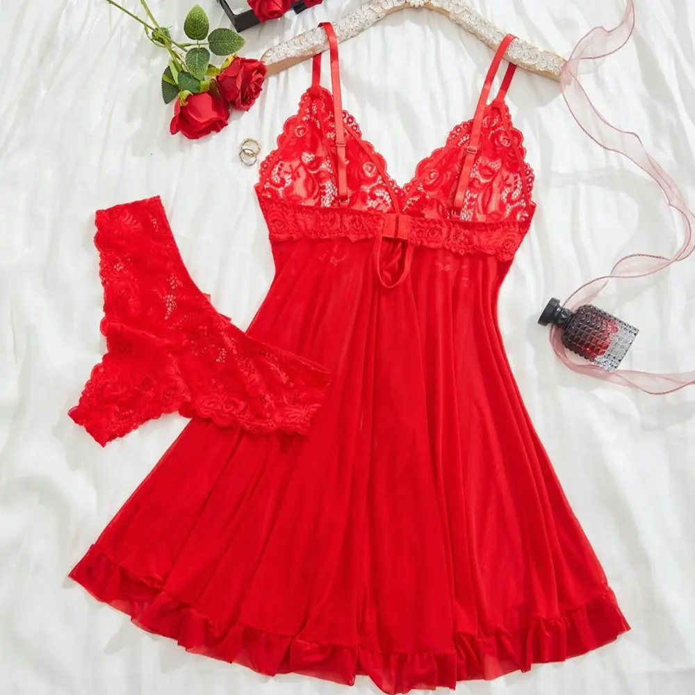 Women's 2-Piece Spandex Loungewear Set - Sleeveless Ruffle Trim Wrap Cami Nightdress with Backless Design, Adjustable Straps, Thong, Fitted Flattering Fit, Plus Size, Hook and Loop, Soft Comfortable Underwear Sleepwear