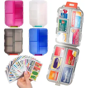 Pill Organizer with Medicine Labels Travel Daily Pill Container Mini Medication Organizer Storage Pill Organizer Travel Essentials Pill Case 7 Day (Blue & 161 Lables)