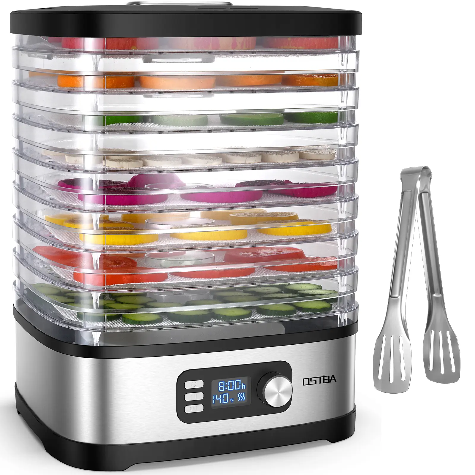 OSTBA 8-Tray Food Dehydrator, 72H Timer & Temp Control up to 158℉, Includes 8 Mesh Sheets, 1 Fruit Roll Tray, 1 Tongs, Recipe Book for Jerky, Fruit, Meat, Vegetables, Herbs, BPA-Free
