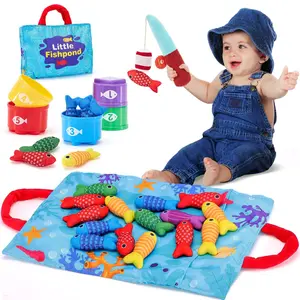 Children Fishing Toy Set, Fishing Playset, Fabric Number Matching Cups, Foldable Storage Bag, Interactive Stick Game, Party Gift for Boys and Girls, Toddler Pretend Play, Toddler Fishing Set