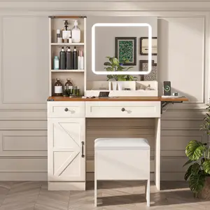 Valentine's Gift for Her  WTFGO Multi-functional LED makeup vanity with foldable extendable tabletop, large storage capacity, 3-level dimmable HD mirror, USB socket, and soft-packaged storage stool，Makeup and office use two-in-one