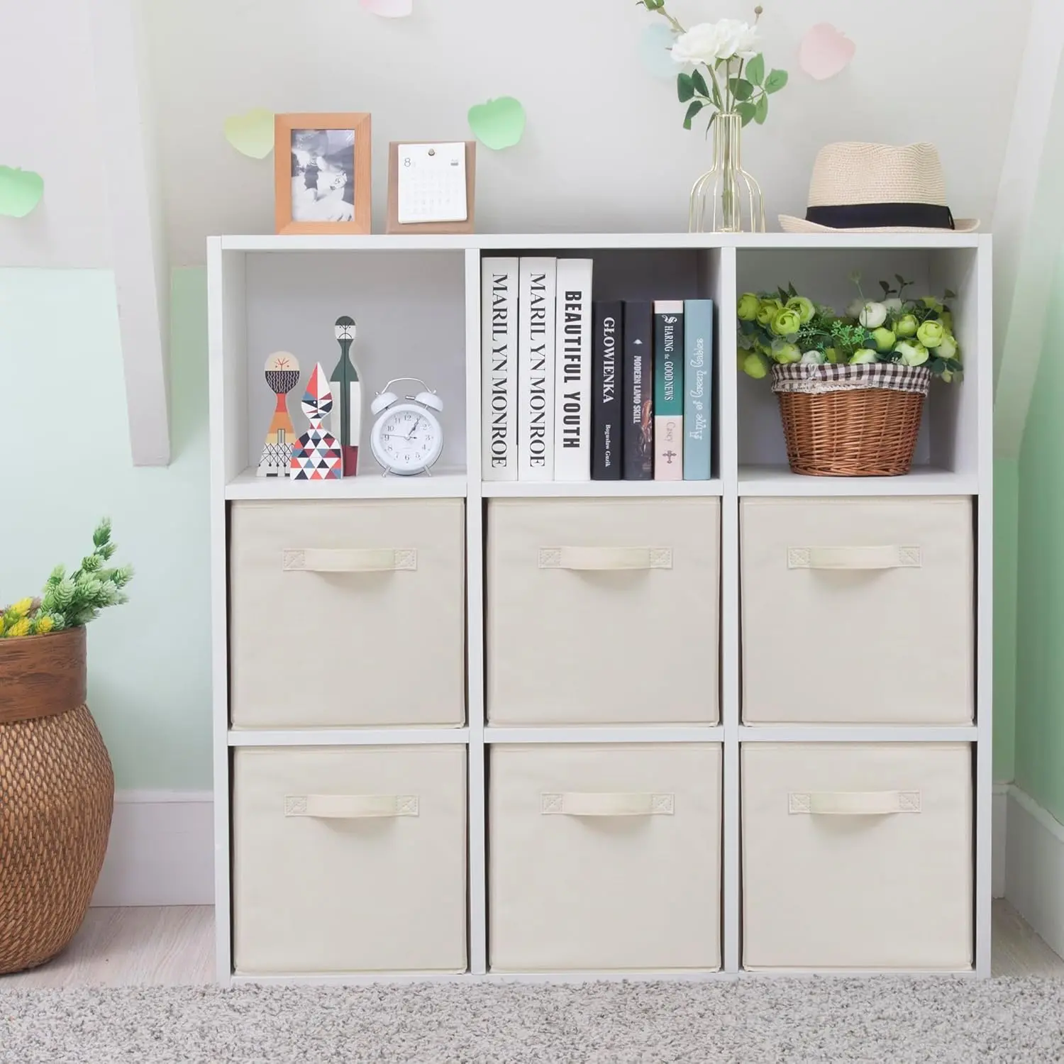 Storage Cubes, 11 Inch Cube Storage Bins, Set of 6, Fabric Foldable Storage Bins with Handles, Closet Storage Organizer Bins, Cubby Clothing Storage Baskets for Shelves, Beige STORAGEIDEAS