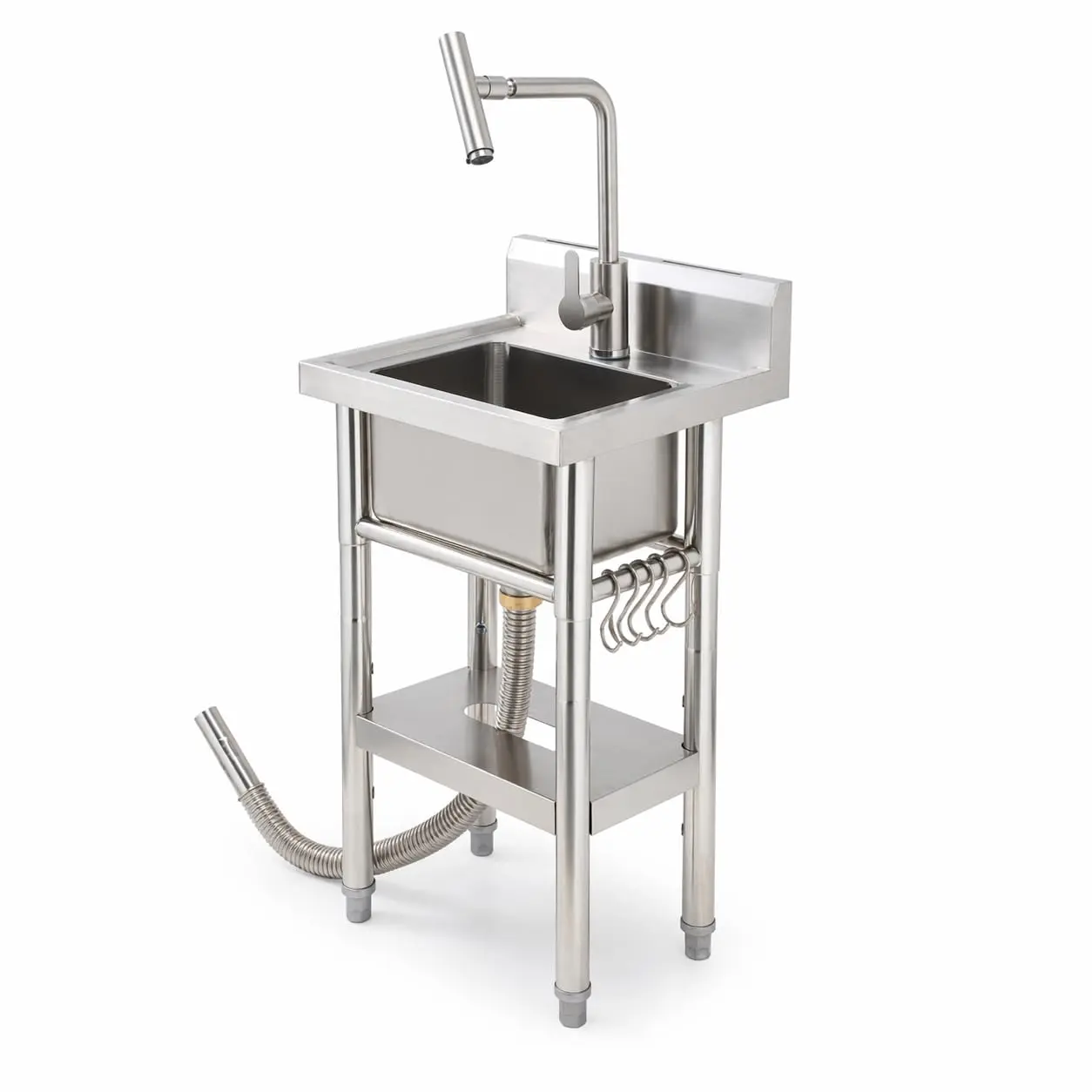 Stainless Steel Utility Sink, Freestanding Single Bowl Laundry Tub with Workbench Top, Hot & Cold T-Shaped Faucet, Deep Basin for Laundry Room, Garage, Basement, Prep or Cleaning Station