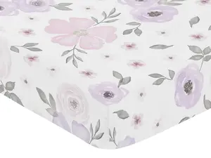 Sweet Jojo Designs Fitted Baby Crib Sheets (Purple/Grey Boho Floral) for Girls, Infant Nursery, Toddler Room - Standard Size (Lavender, Watercolor, Bohemian Flower, Rose, Farmhouse, Shabby Chic, Pink)