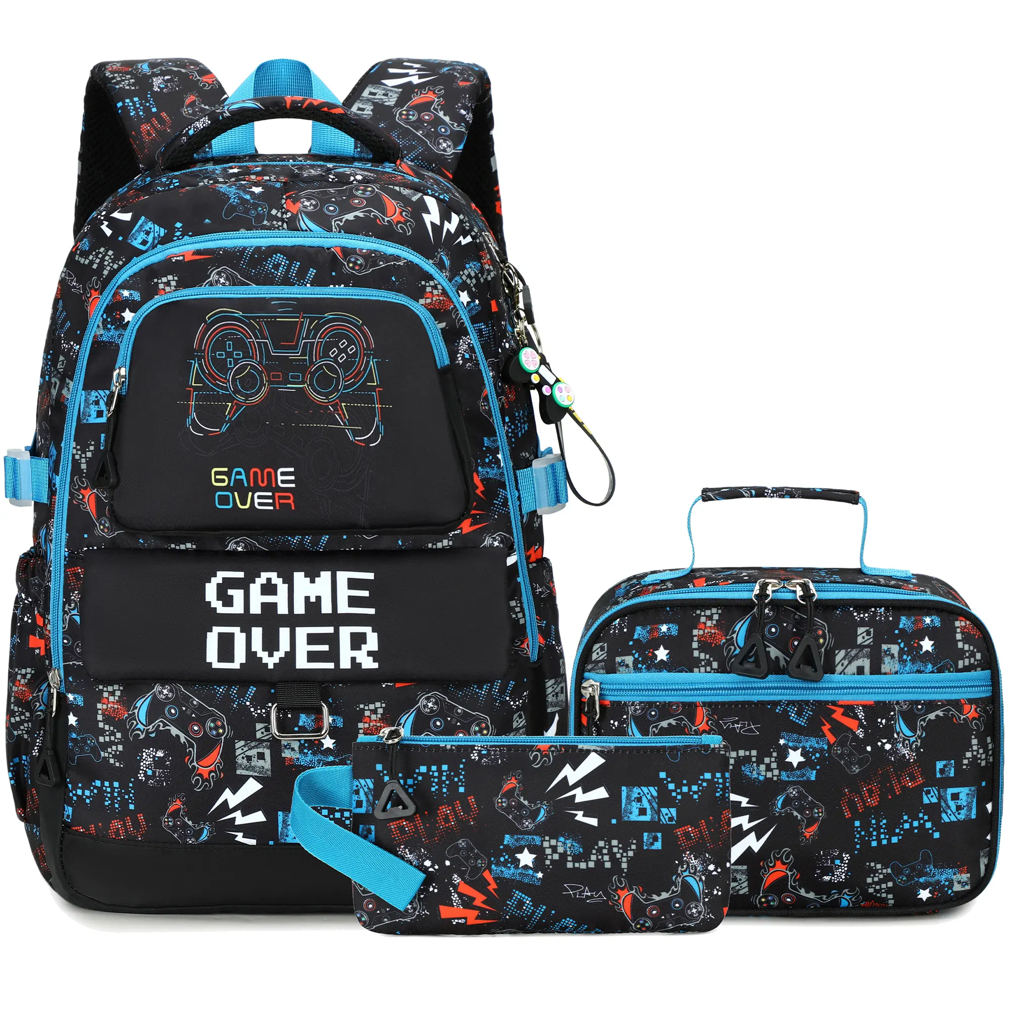 Boys School Backpack 3 Piece Set with Lunch Box & Pencil Case - Gamer Pixel Design Bookbag for Elementary & Middle School - Large Capacity & Durable Daypack