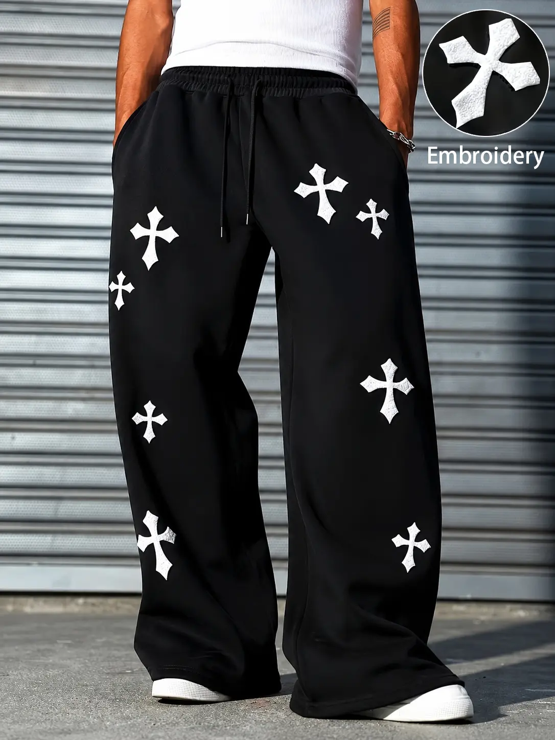 Classic Streetwear Cross Embroidery Sweatpants, Men's Relaxed Wide Leg Track Pants with Elastic Drawstring Waist, Soft Casual Lounge Trousers for Daily Wear, Hip Hop Y2K Gothic Style Baggy Athletic Pants for Fall Winter Outfits for Daily Street Style