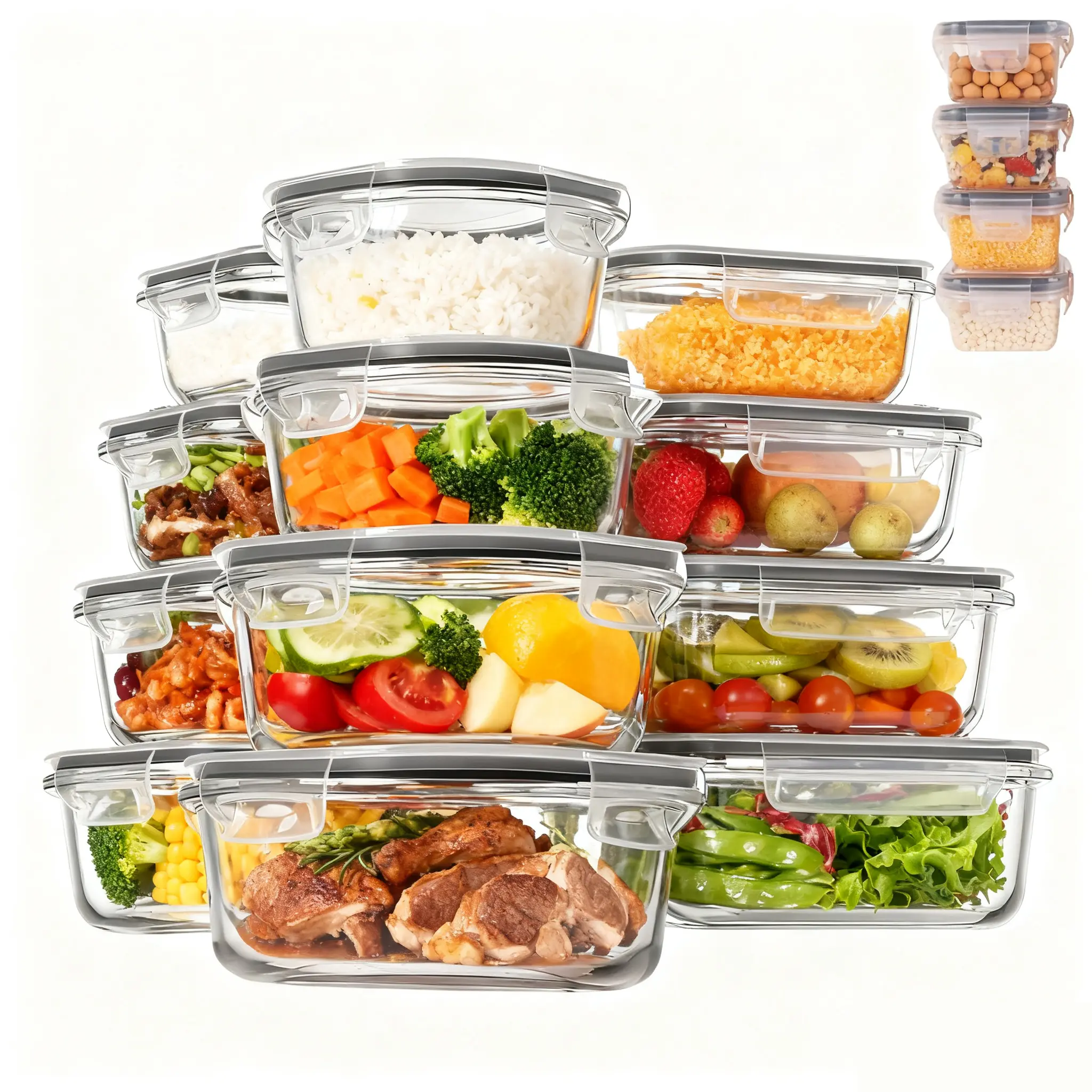 Glass Food Containers Set (12-Piece or 18-Piece Varied Sizes) - Sturdy, Silicone-Sealed, Leakproof, Detachable Buckle, Easy-Clean, Microwave-Safe Kitchen Preserving Bowls & Utensils for Fridge Organization, Kitchen Pantry, Airtight Storage, Food Cover, Pa