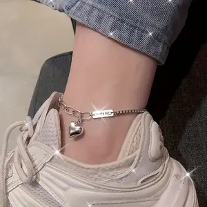 925 Sterling Silver Anklet, Sexy Cute Heart Charm, Lucky Tag, Elegant Gift for Women, Delicate Female Gift