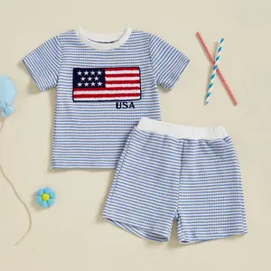Imcute Infant Baby Boy 4th of July Outfit Short Sleeve American Flag Embroidery Striped Print T-Shirt Waffle Shorts Set Fourth of July USA Clothes