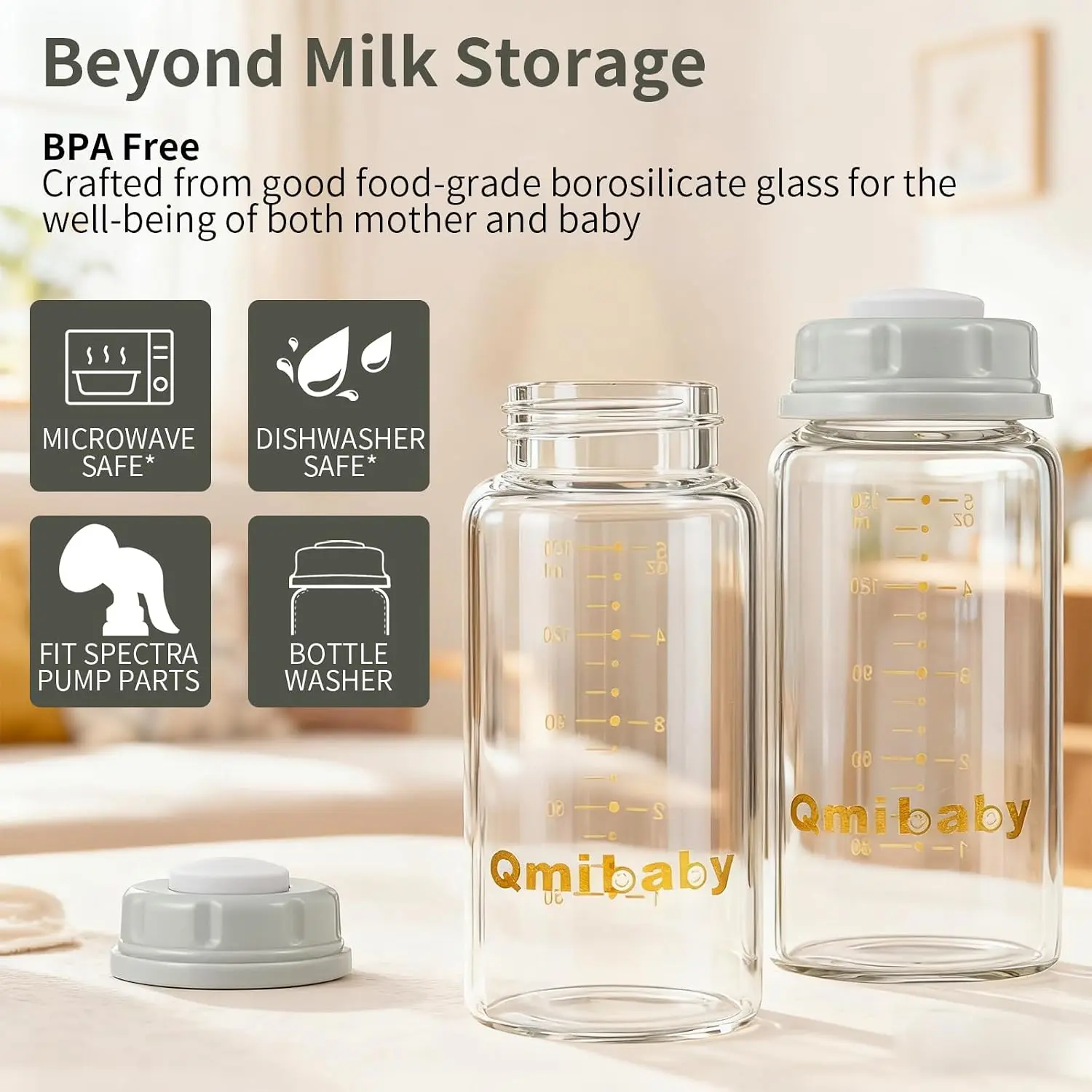 Natural Glass Baby Bottle 180ml 6oz Standard Neck Breast Milk Storage Bottles Compatible with Medela Breast Pumps for Breastmilk Storage Bottle Breastfeeding BPA-Free 4 Pack (Grey Lids)