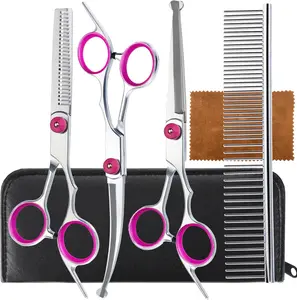 5 in 1 Premium Dog Grooming Scissors, Professional Dog Scissors for Grooming with Safety Round Tips, Stainless Steel Thinning Shears, Pet Cat Shears for Grooming Kit, Pink