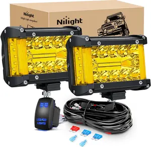 Nilight Side Shooter LED Light Bar 2PCS 4.3Inch Triple Row Spot Flood Combo Yellow Beam Led Light with 5Pin Rocker Switch Wiring Harness Kit light pod