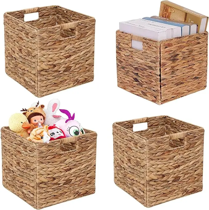 JGJCYO9 Storage Baskets Wicker Cube Baskets Foldable Handwoven Water Hyacinth Laundry Organizer,Set of 4 pcs Baskets-11x11x11inch