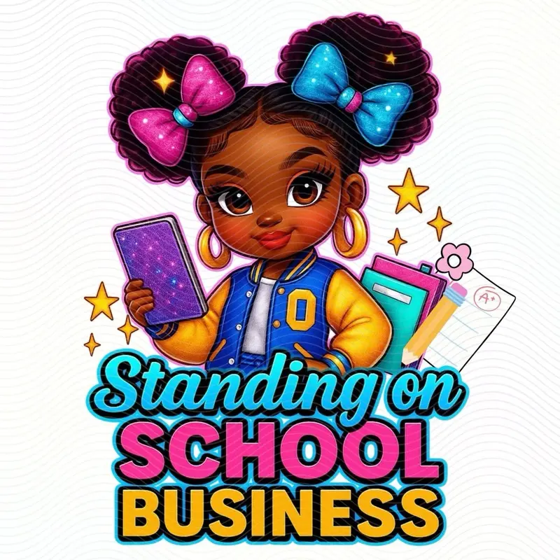 Standing On Business Students Printa - Black Puff Girl in Business Theme with School & Business Elements