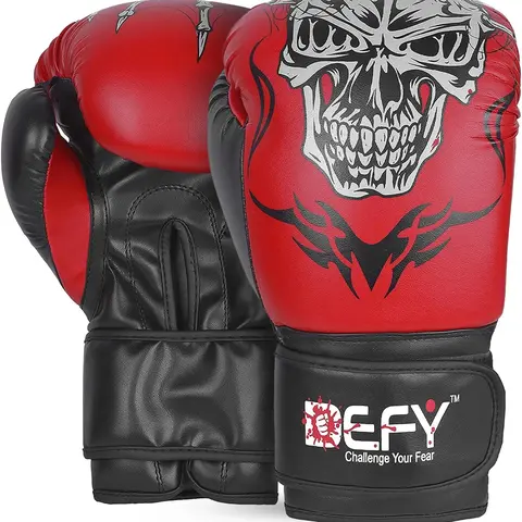 Defy Sports Boxing Gloves for Men and Women - Premium Quality Faux Leather Kick Boxing Gloves – Gel Infused Kickboxing Gloves with Thumb Support - Versatile Usage – Skull Model Design sap  gloves muay thai