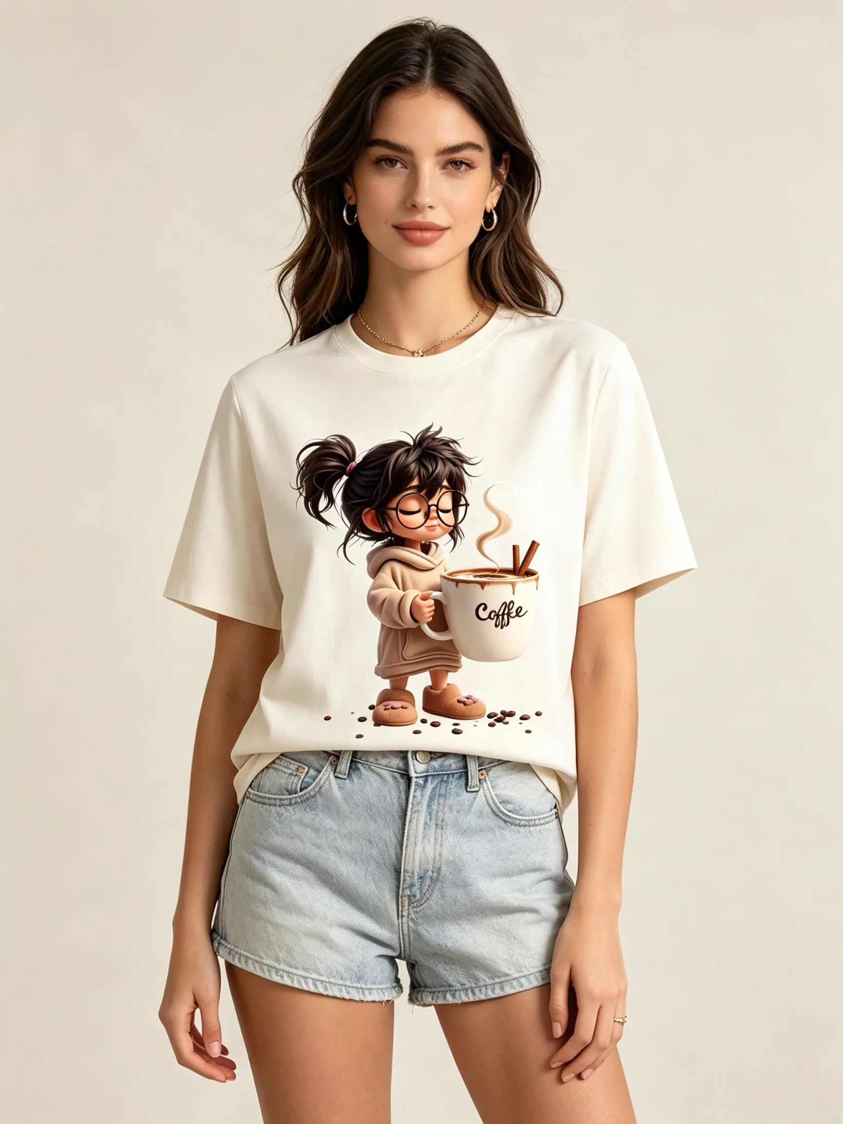 Women's Soft Cotton Crewneck Plus Size Short-Sleeve T-Shirt - 180g Fabric, Comfortable Elastic Fit, Coffee Lover Cartoon Girl & Big Mug Heat Transfer, Orange Casual Summer Beach Top, Shortsleeve, Round Neck, Anniversary, Pants, Plus Size Basics, Graphic P