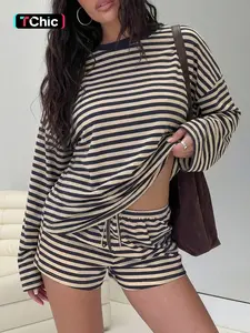 Vintage Striped Casual Women's Set, Loose Fit Round Neck Long Sleeve Top with Drawstring Shorts, Comfortable Home Wear, Spring & Fall