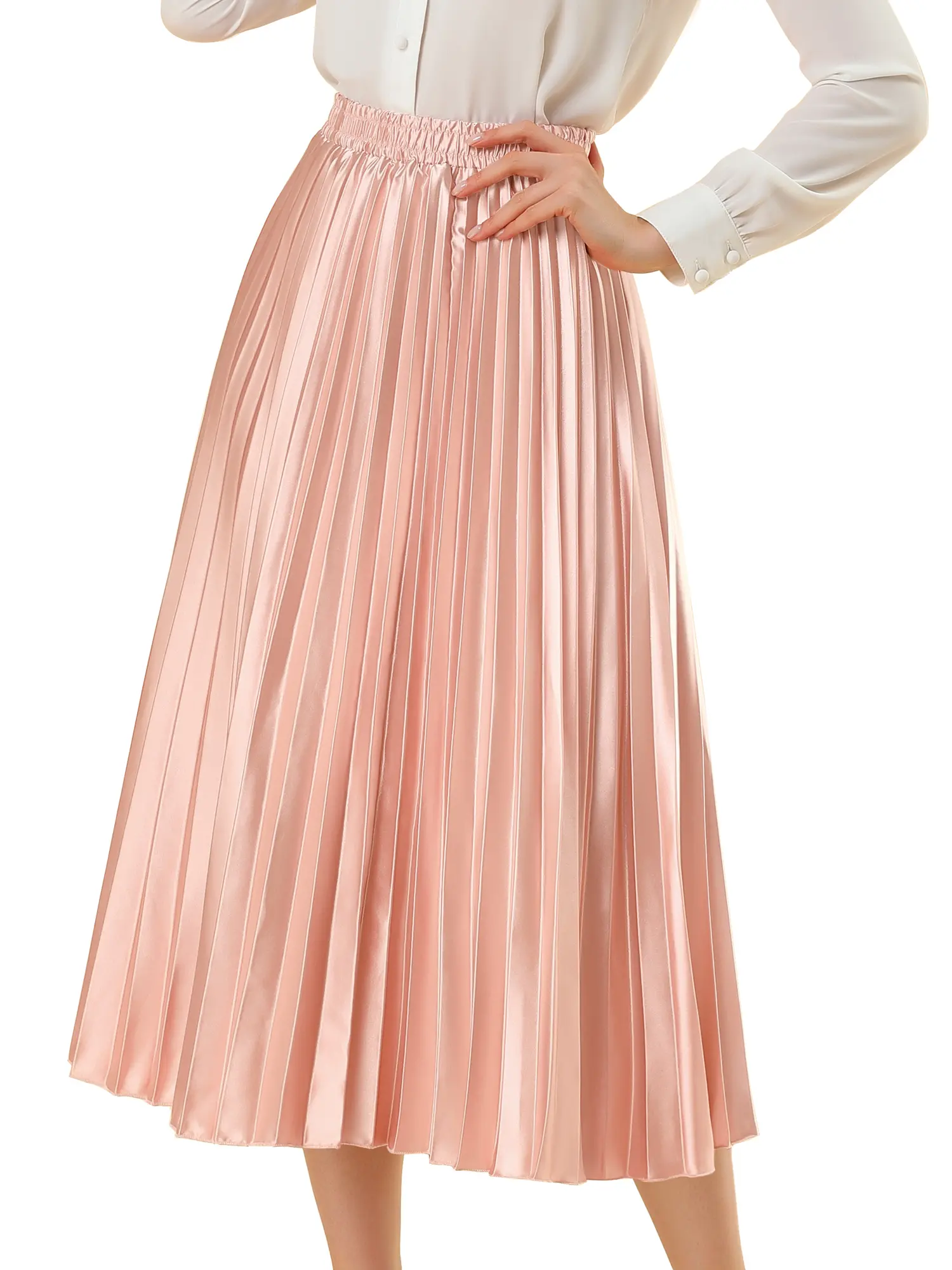 INSPIRE CHIC Party Elastic Waist Metallic Shiny Accordion Pleated Midi Skirt