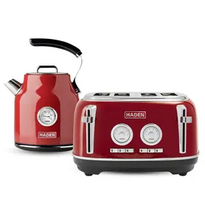 Haden Dorset 1.7 Liter Cordless Electric Kettle and 4 Slice Bread Toaster, Red