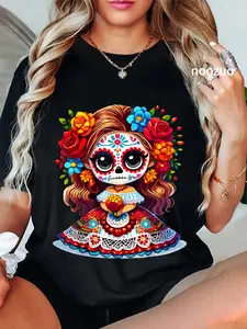 100% Cotton Unisex Cute Catrina Doll with Flowers Sugar Skull Halloween Costume T-Shirt