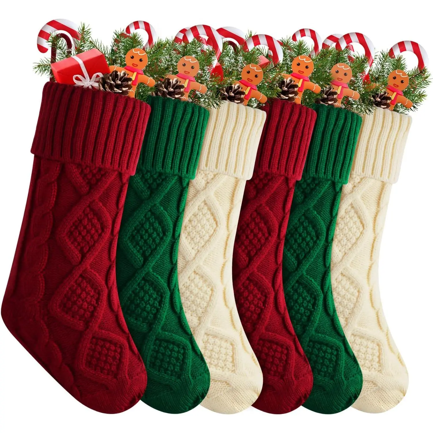Personalized 18" Large Cable Knitted Christmas Stockings Decorations Gifts for Family Holiday Xmas Party Pack 6 Red Ivory Green