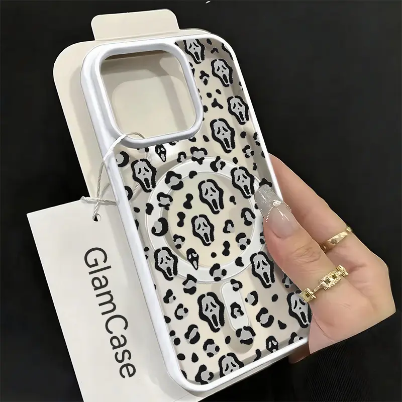 Hard Glossy Acrylic Magnetic Scream Face Smartphone Case - Spooky Leopard Print Style, Shockproof Protective Cover for iPhone 17,16,15,14,13,12,11 Plus Pro Max, Ideal Cellphone Gift (A17), Casing
