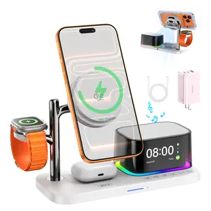 5 in 1 Charging Station iPhone Device with 65W Charger【 25W Fast Charging+Instant Cooling 】 QI2.2 Magnetic Wireless Charger with Speaker and Alarm,Built-in Fan&LED Light Compatible with MagSafe for iPhone17/16,iPhoneWatch,AirPod