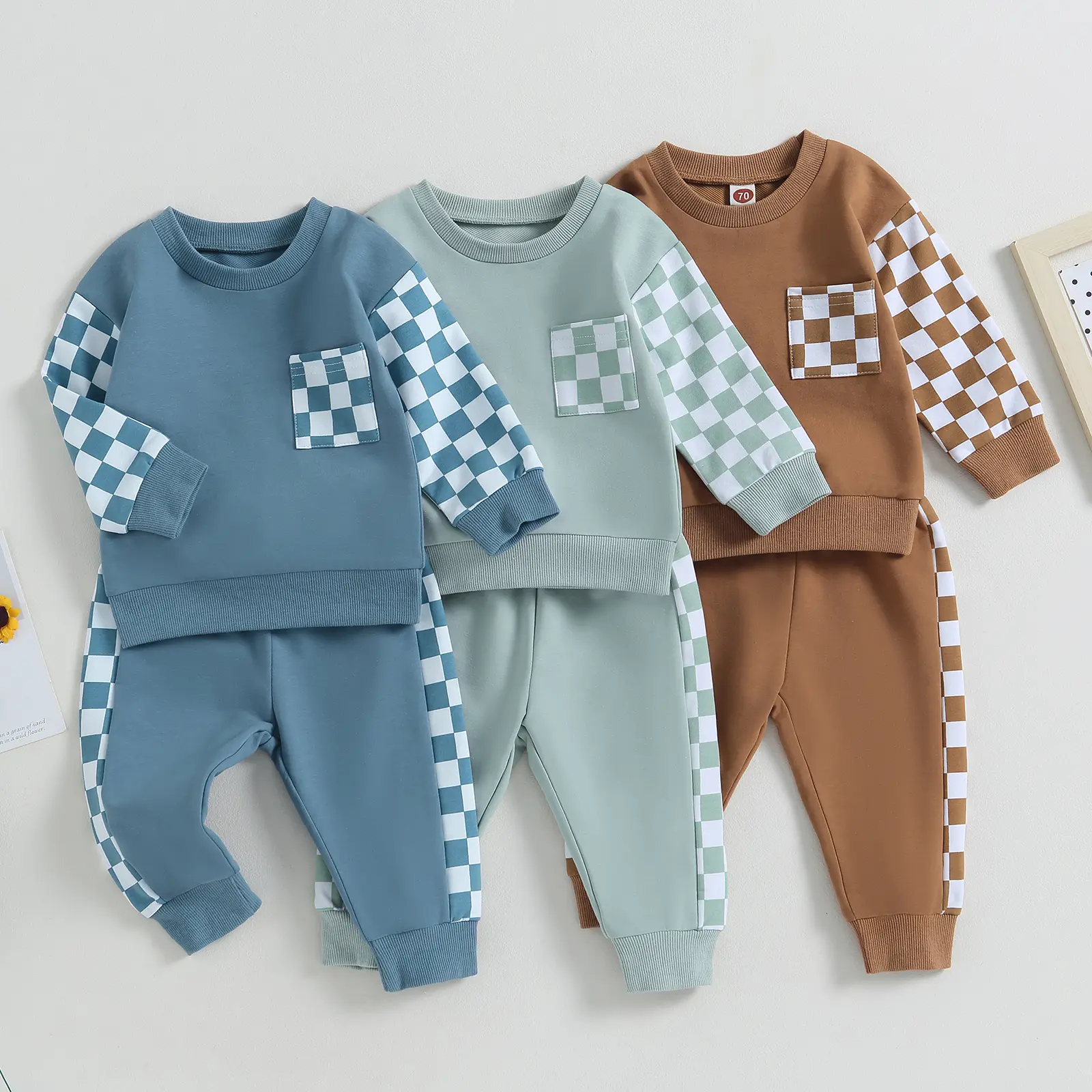 REDWOON Toddler Baby Boy Girl Fall Winter Clothes Set Checkered Print Pullover Sweatshirt Pants Trousers Outfits Tracksuit