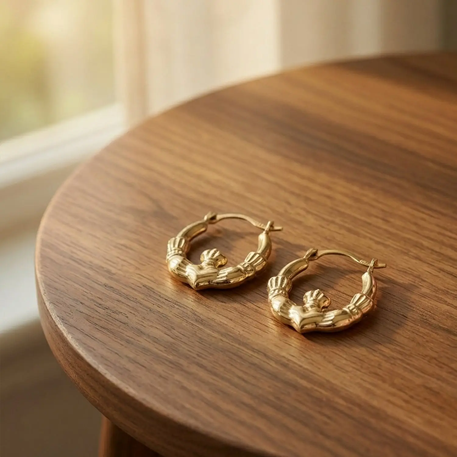 10k Yellow Gold Shiny Claddagh Design Hoop Earrings, Diameter 15mm