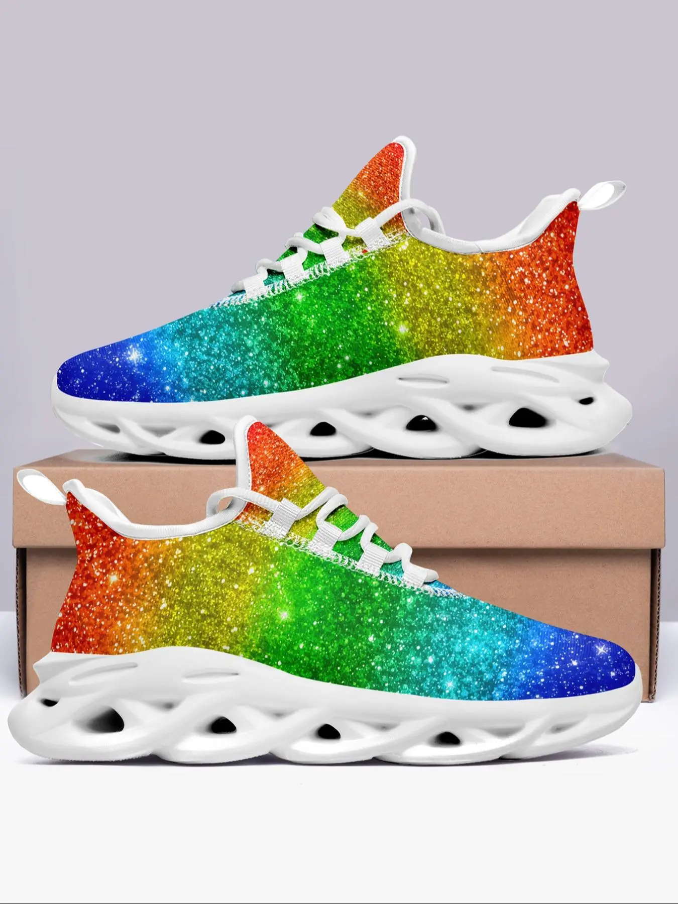 Women's Fashionable Rainbow Glitter Sneakers, Casual Comfortable Breathable Sports Running Shoes, Female All-match Round Toe Chunky Sneakers for Daily Wear