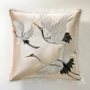 Z Gallerie Crane Embroidered Pillow, 20in Creative Decorative Cushion - Soft Butter Cream, Soft Muted Olive